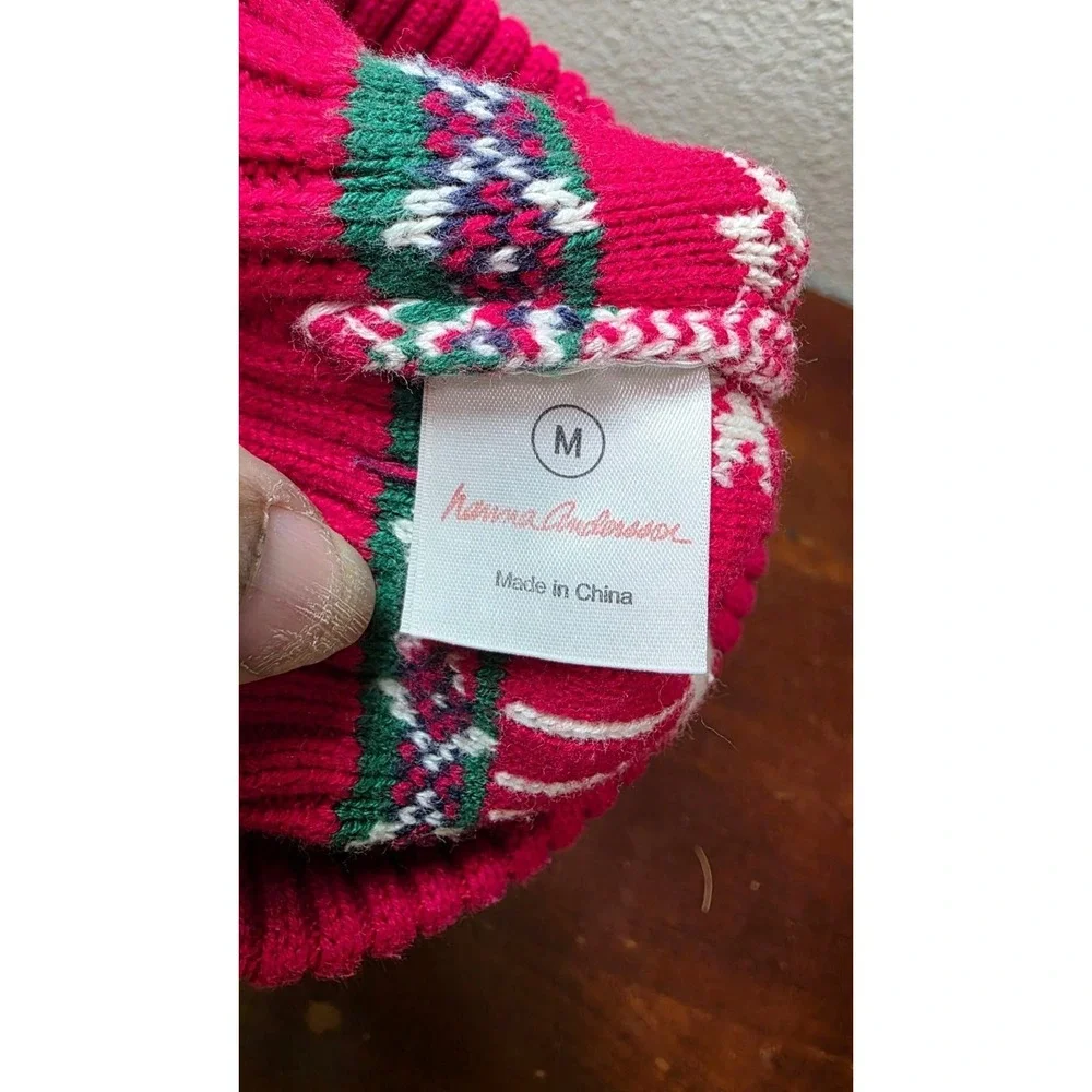 Hanna Andersson Kids Reindeer-Themed Knit Beanie Pom-Pom Size M Red & White